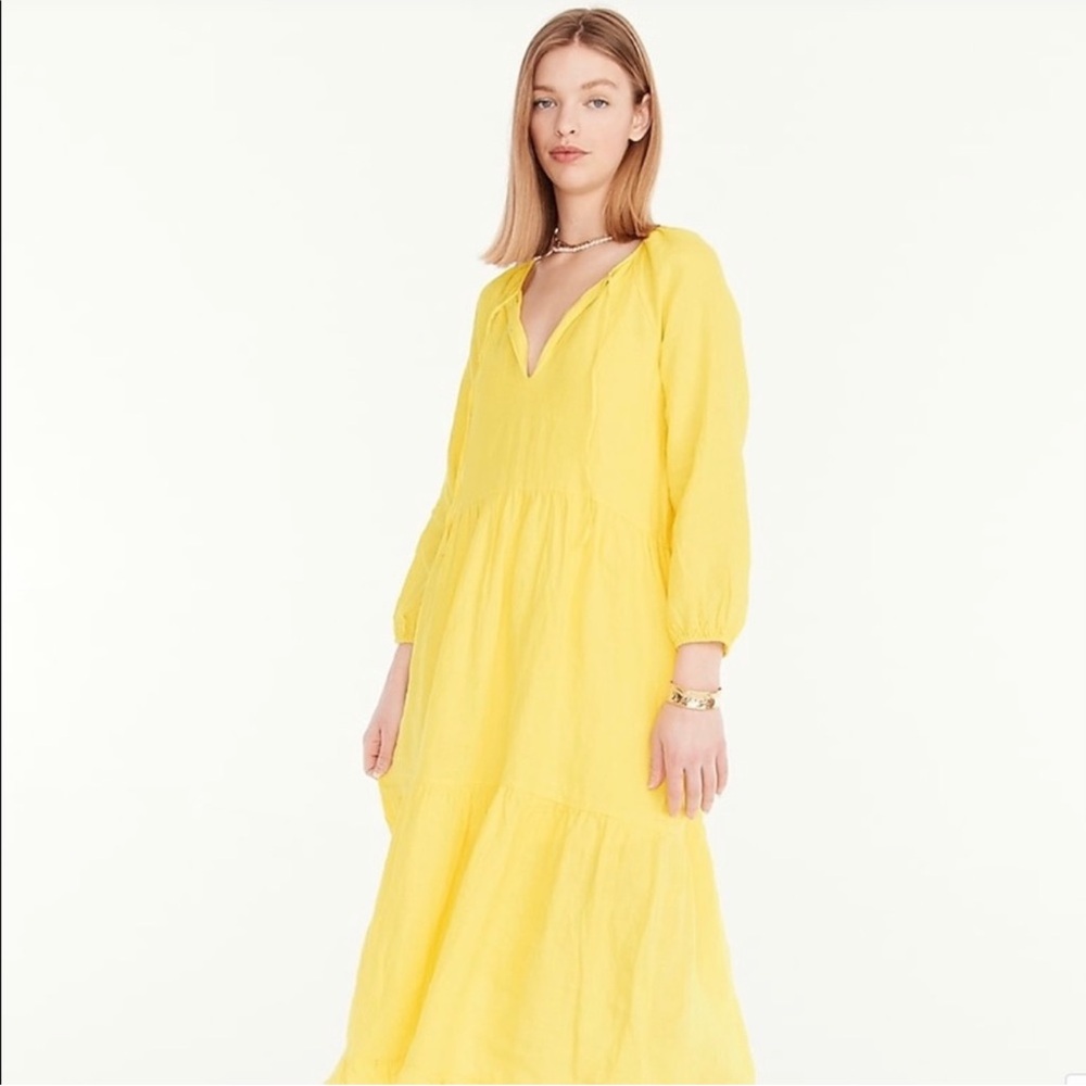 J. Crew Tiered Linen Yellow Long Sleeve Dress M/K